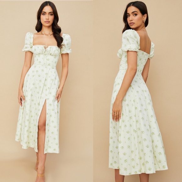 HOUSE OF CB 'Tallulah' Ivory Floral Puff Sleeve Midi Dress NWOT Size‎ XL - Picture 12 of 13